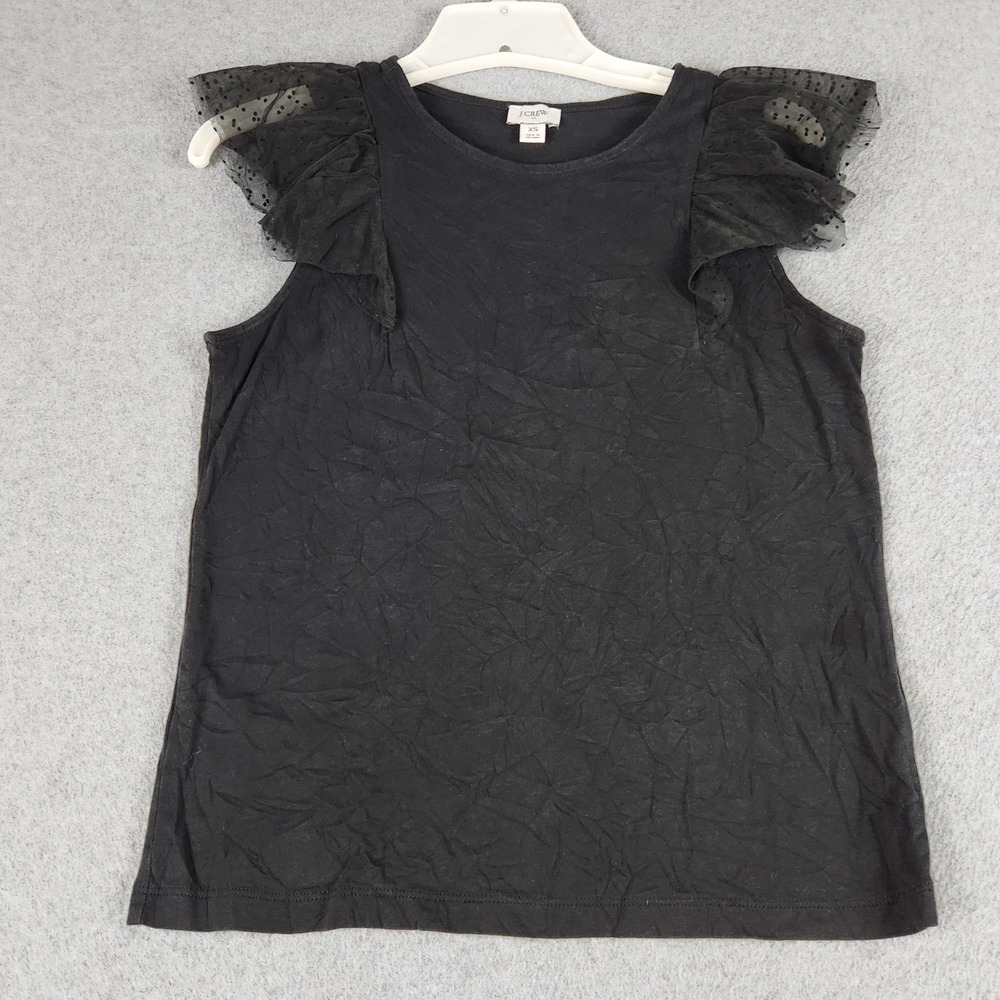 J.CREW Ruffle Blouse Top Womens XS Black Cotton Crew Neck Flutter Sleeve Casual